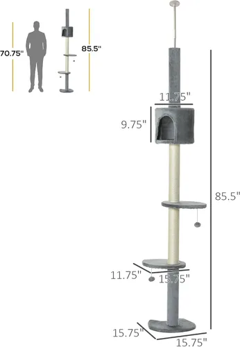 Miniatura 7 de PawHut Árbol para gatos de 85.5 pulgadas, altura ajustable, del suelo al techo, centro de actividades de escalada de 4 niveles, juguete para gatos