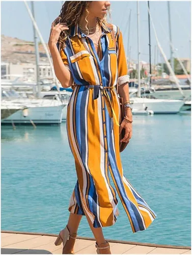 Miniatura 3 de Vestido de camisa de mujer Maxi vestido largo negro naranja manga corta rayas primavera verano