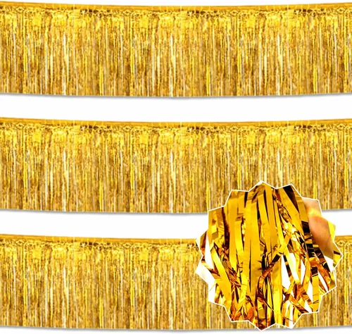 Miniatura 36 de Paquete de 3 guirnaldas de flecos de papel de aluminio negro dorado plateado de 10 pies con serpentinas metálicas de oropel para colgar en la pared