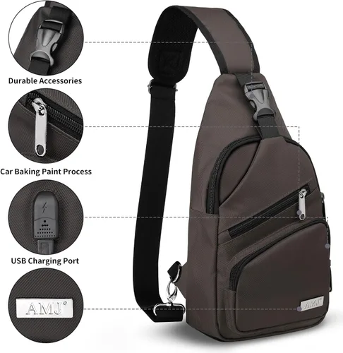 Miniatura 3 de AMJ Bolso cruzado tipo bandolera para hombres y mujeres, mochila de hombro casual, mochila de pecho tipo morral para senderismo y viajes Marrón