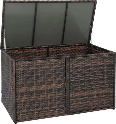 Henf Caja de almacenamiento de mimbre para exteriores, caja de mimbre para patio con puertas dobles y estante, organizador de almacenamiento de
