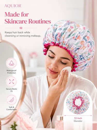 Miniatura 5 de Aquior Gorro de ducha para mujer, impermeable, reutilizable, con elástico suave, tamaño grande para cabello largo, bonito gorro de baño para ducha