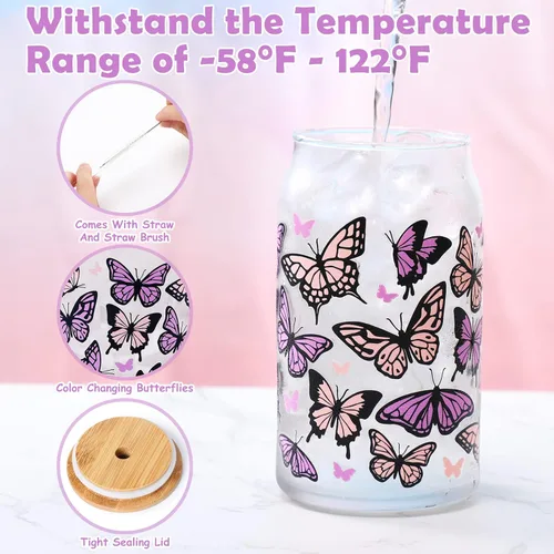 Miniatura 3 de Nefelibata Vaso de cerveza de vidrio con diseño de mariposa que cambia de color, 16 onzas, diseño de cola de golondrina pastel, con tapa, pajita