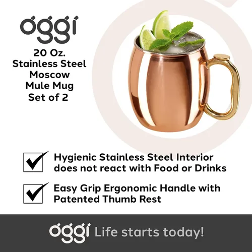Miniatura 7 de Oggi Juego de 2 tazas de Moscow Mule de acero inoxidable chapadas en cobre de 20 onzas con mango EZ-Grip, carrito de cóctel y accesorios de bar