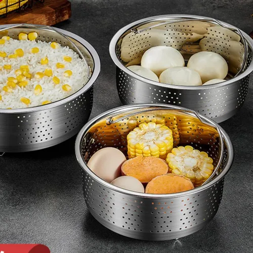 Miniatura 5 de Hemoton Cesta de vapor de acero inoxidable, inserto de vapor de metal, estante para cocinar al vapor, verduras, colador de frutas, colador