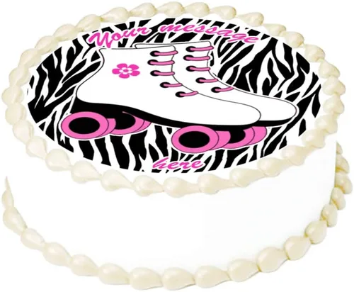 Patines blancos cebra 9.5 pulgadas redondo comestible pastel decoración de fiesta de cumpleaños.