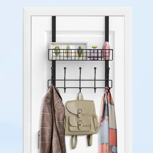 Miniatura 6 de Perchero, colgador sobre la puerta con cesta de malla, estante de almacenamiento desmontable para toallas, sombreros, bolsos, abrigos (negro)
