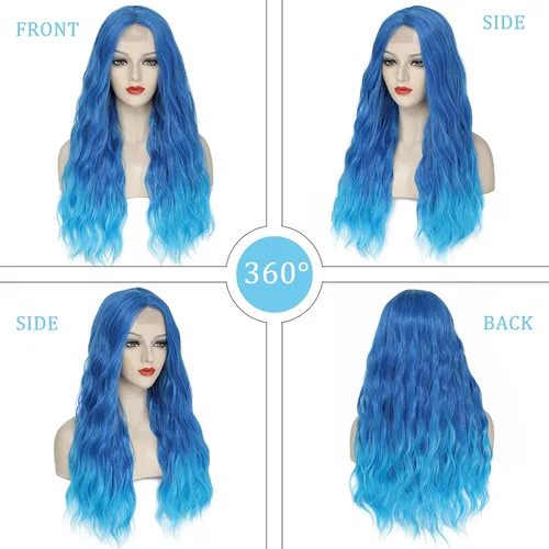 Miniatura 2 de YBYMCAI - Peluca azul larga y ondulada para mujer, parte media, peluca azul degradada de 26 pulgadas, pelo natural rizado sintético, fibra Azul