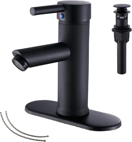 Grifo de lavabo de baño negro con una sola manija 1 agujero a juego con desagüe emergente baño Vantity grifo lavabo negro mate