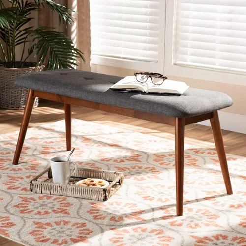 Miniatura 2 de Baxton Studio Flora II Mid-Century - Banco de comedor de madera con acabado de roble medio, tapizado de tela gris oscuro