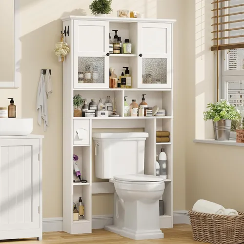 Miniatura 14 de Vabches Armario de almacenamiento sobre el inodoro con puertas dobles, soporte para papel higiénico y estante ajustable, ahorro de espacio Gris