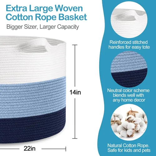Miniatura 2 de MEGASKET Cesta grande de juguetes para niños, cesta tejida suave de cuerda de algodón de 22" x 14", cesta de almacenamiento para juguetes para Azul