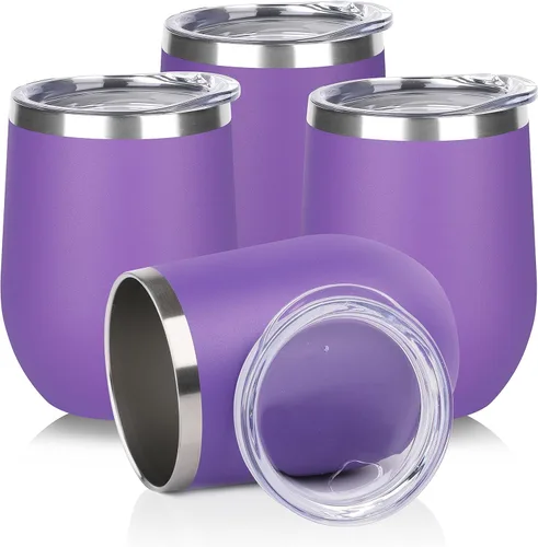 Miniatura 55 de DOMICARE - Juego de 8 vasos de vino de 12 onzas con tapa, hechos de acero inoxidable con aislamiento al vacío de doble pared, color celeste Azul