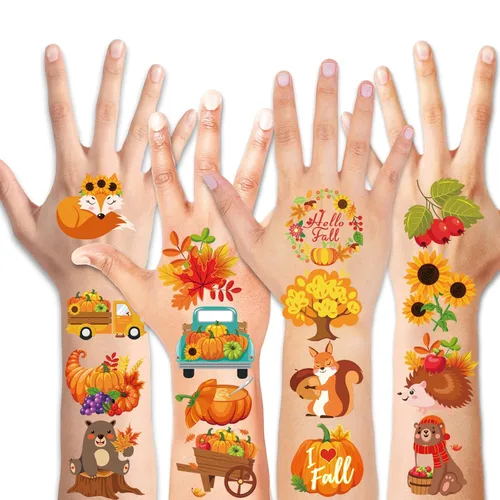 Miniatura 2 de HOWAF 96 tatuajes temporales de otoño, 48 estilos de cosecha de otoño, calcomanías de tatuajes temporales para niños, tatuajes falsos de Acción