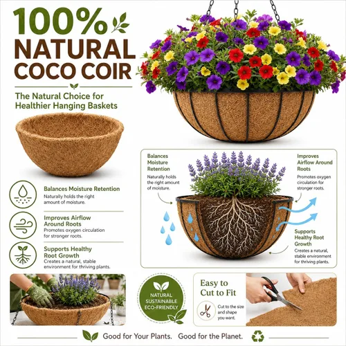 Miniatura 2 de Y&M 2 piezas de forro redondo de fibra de coco de 10 pulgadas, repuesto de fibra de coco natural para cesta colgante de 10 pulgadas