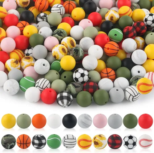 Sunrony 100 piezas de cuentas de silicona deportivas de 15 mm, cuentas de silicona con estampados de baloncesto, fútbol, voleibol, tenis y béisbol