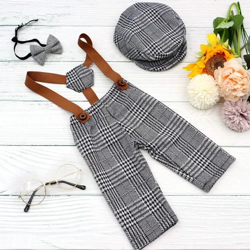 Miniatura 4 de 4 piezas de accesorios para fotos de bebé recién nacido, overol de celosía, pantalones con tirantes con boina, gafas de pajarita para disfraces