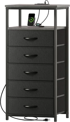 Miniatura 24 de Huuger Cómoda blanca con 5 cajones y estación de carga, cómoda alta para dormitorio, mesita de noche alta con acabado de piel sintética, estante