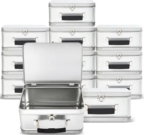 Miniatura 8 de Rtteri Paquete de 6 loncheras de lata retro de 8 x 6 x 4 pulgadas con tapas con bisagras, caja grande para almacenamiento, diseño en blanco, Plateado