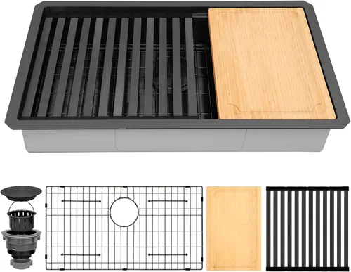Miniatura 22 de Fregadero de barra de montaje inferior negro, fregadero de cocina de acero inoxidable 304S de calibre 16 con repisa de estación de trabajo