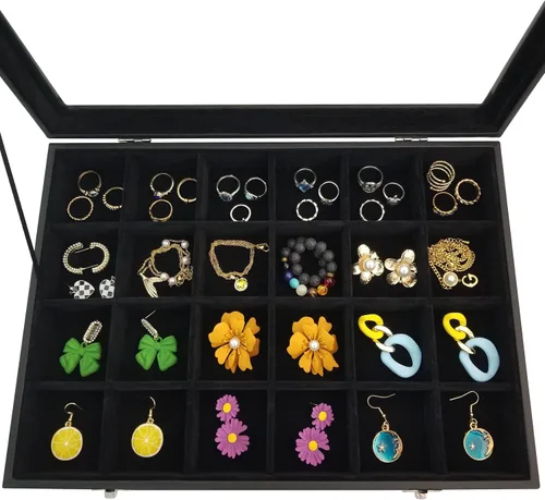 Miniatura 3 de Joyero de 24 rejillas extraíbles para aretes y anillos, caja organizadora con tapa transparente para mujeres y esposas (negro)