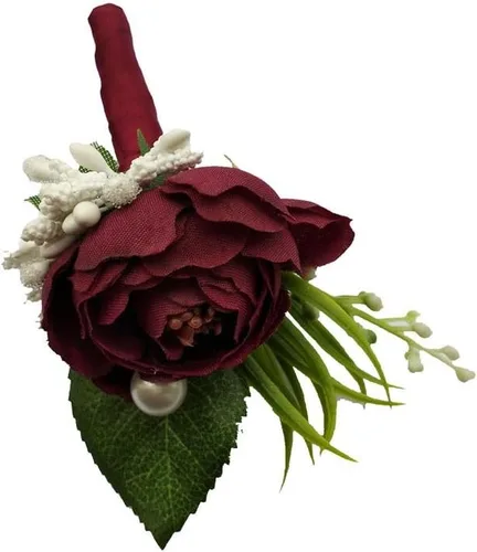 Miniatura 3 de 6 pedazos/lote novio Boutonniere hombre ojales DIY boda artificial flores falsas decoración del partido (rojo vino)