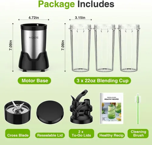 Miniatura 8 de KOIOS Licuadora para Batidos, Licuadora Personal para Batidos y Smoothies con 3 * 22oz Vasos Para Llevar, Batidora de Smoothies de 22000 RPM