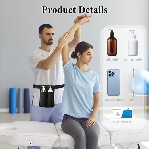 Miniatura 7 de Cinturón de aceite de masaje, soporte de loción de doble bolsillo, organizador de cintura ajustable para terapeuta de spa para suministros de Negro