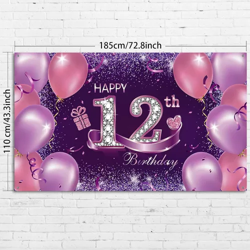 Miniatura 2 de Decoraciones de fiesta de cumpleaños, pancarta grande de tela de feliz 12 aniversario, fondo de cabina de fotos rosa y morado con cuerda para fiesta