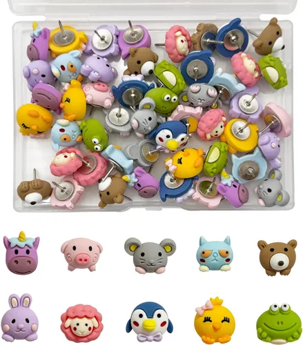 Miniatura 8 de 30 piezas de alfileres de empuje decorativos con forma de animales, tachuelas lindas de animales para tablero de corcho, pared de fotos, mapa