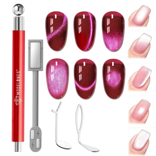 modelones Juego de imanes de ojo de gato, 5 bolígrafos magnéticos de uñas 3 en 1 de doble cabeza con forma de corazón, rayo y bola para esmalte de
