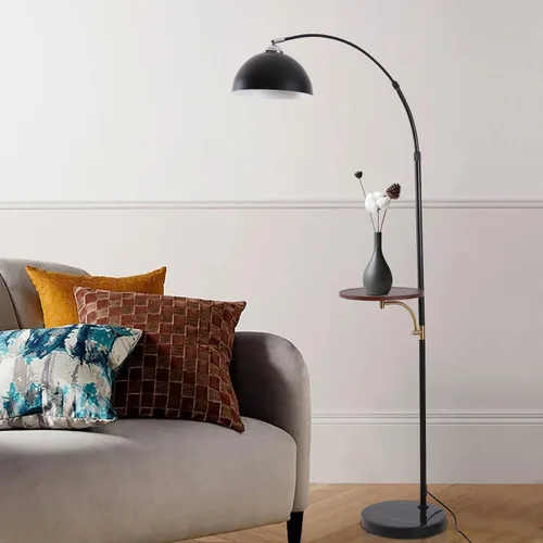 Miniatura 6 de Lámpara de pie industrial con mesa de madera, moderna lámpara de pie de arco negro para sala de estar, lámpara de poste de pie con base de mármol