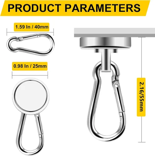Miniatura 2 de DIYMAG Ganchos magnéticos de 70 libras, paquete de 6 imanes de neodimio resistentes con mosquetón giratorio, ideal para tu refrigerador y otras