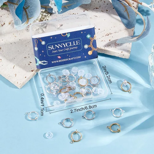 Miniatura 6 de SUNNYCLUE 1 caja de 30 convertidores de aretes de latón, ganchos para abrazar con bucles abiertos, almohadillas para aretes, clips para hacer joyas