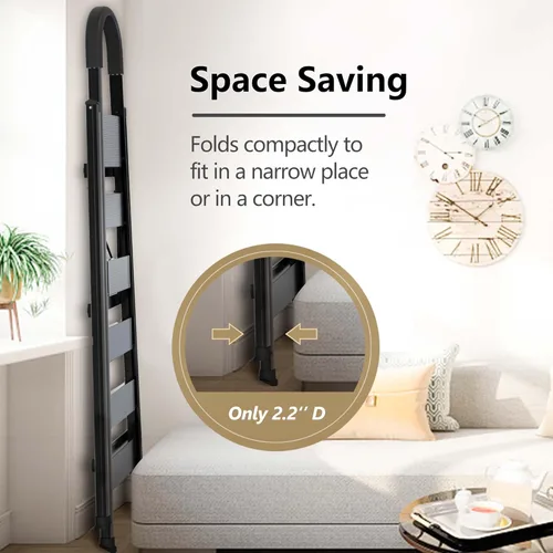 Miniatura 6 de escalera ligera de aluminio, de 6 peldaños, plegable, con peldaños anchos y antideslizante para uso en el hogar y la cocina, ahorra espacio (negro)