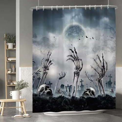 Miniatura 153 de Cortina de ducha de fantasma y gato negro para niños, 36 x 72 pulgadas, espeluznante y bonita, cortina de baño de Halloween con 6 ganchos, cortina
