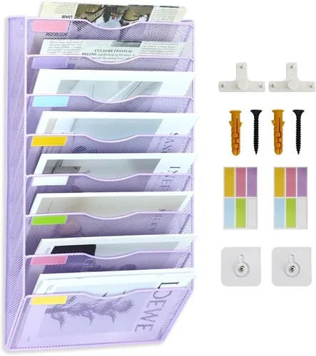 Miniatura 12 de Organizador de archivos de pared de malla con 1 bolsillo, organizador de archivos para colgar en la oficina, revistero, juego de ganchos