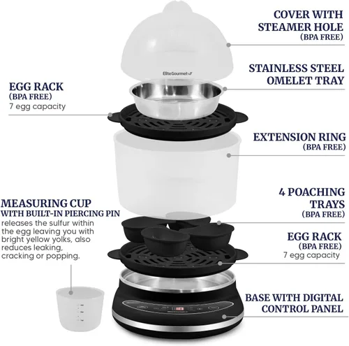 Miniatura 5 de Elite Gourmet EGC314CB - Cocedor de huevos digital fácil, vaporizador de alimentos, escalfador, huevo blando, medio, duro con 6 funciones Carbón