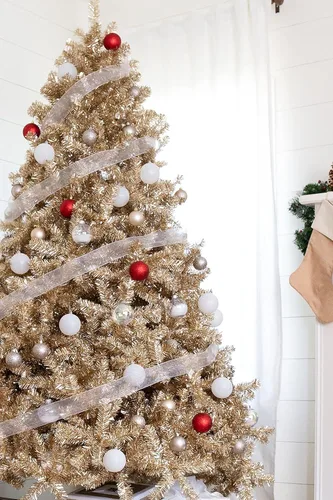Miniatura 2 de Perfect Holiday Árbol de oropel dorado metálico de 6 pies 1000 puntas, diámetro 41 pulgadas Soporte de metal blanco, PVC-6GD