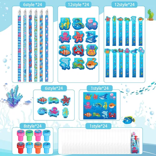 Miniatura 3 de PerKoop 168 Piezas Bajo el Mar Papelería Temática Oceánica Rellenos de Bolsas de Regalos Suministros de Fiesta con Mini Cuaderno Oceánico Lápiz
