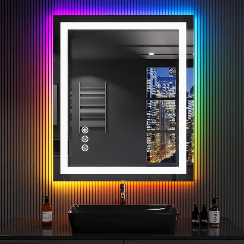 Miniatura 3 de Loaao Espejo de baño con LED y luces, 30 x 36 pulgadas, antiempañamiento, regulable, retroiluminación RGB, iluminación frontal, espejo de tocador