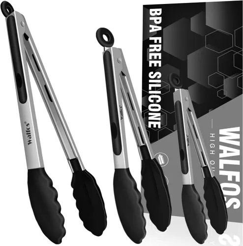 Walfos Pinzas de cocina – Juego de 3 pinzas de cocina resistentes al calor, puntas de acero inoxidable y silicona sin BPA, ideales para cocinar,
