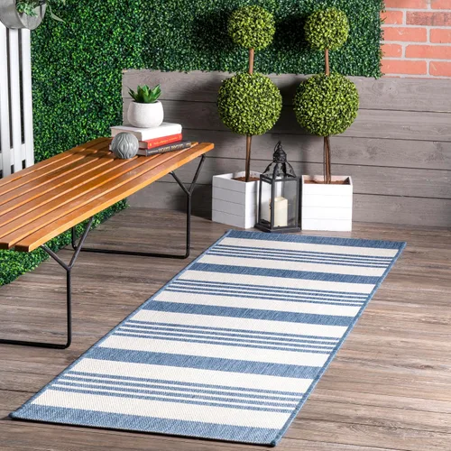 nuLOOM Alfombra de rendimiento para exteriores de 2 x 10 pies, certificado OEKO-TEX, resistente a la intemperie, alto tráfico, patio, balcón, Azul