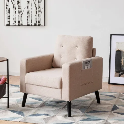 Miniatura 2 de Giantex Silla decorativa moderna, sillón tapizado de mediados de siglo con patas de madera de goma, tela de lino patentada, sofá individual