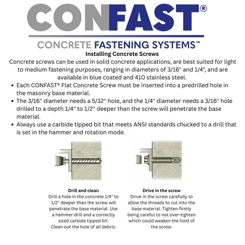 Miniatura 5 de CONFAST - Tornillos para hormigón de 1/4" x 2-1/4" de acero inoxidable 410 Phillips planos con cabeza cuadrada embotada con broca para hormigón