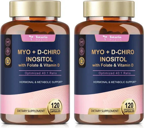 Totaria Suplemento de inositol para mujeres con vitamina D3, folato, proporción 40:1 mio-inositol y complejo D-quiro inositol, cápsulas de inositol
