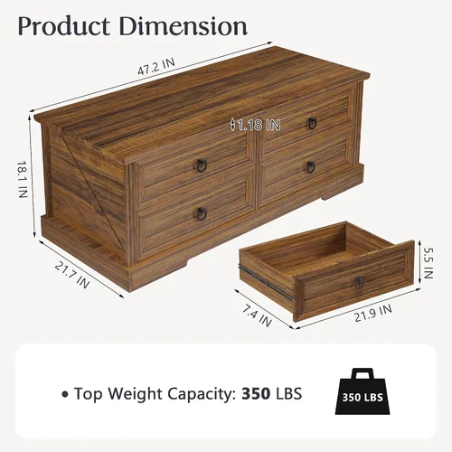 Miniatura 2 de Lareth - Mesa de café con almacenamiento, mesa de centro rústica de madera de 47.2 pulgadas con 4 cajones para sala de estar, mesa de té