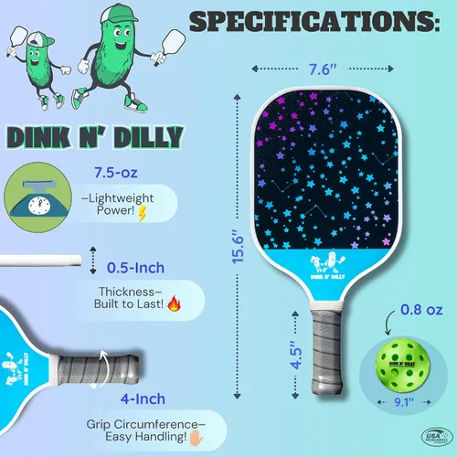 Miniatura 6 de Dink N' Dilly Pickleball Paddle USAPA Approved Lightweight with Cushion Grip, Ideal for All Skill Levels, Premium Quality Paddle and Balls for 2
