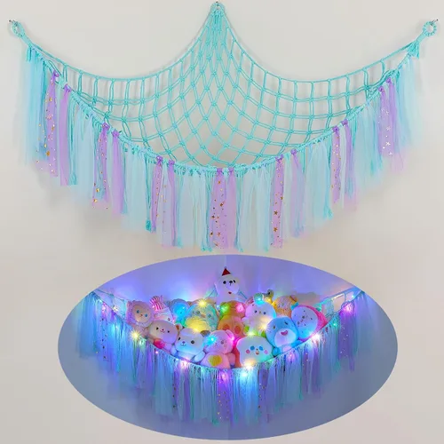 Miniatura 17 de FIOBEE Red de Animales de Peluche o Hamaca con Luz LED, Hamaca de Juguetes Colgante Organizador de Almacenamiento Soporte para Animales de Peluche
