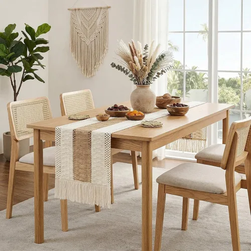 Miniatura 7 de OurWarm Camino de mesa de macramé estilo granja, camino de mesa bohemio de arpillera natural, decoración de granja moderna, algodón rústico tejido